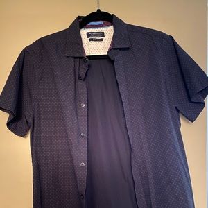 Dark blue shirt sleeve button up with red dots